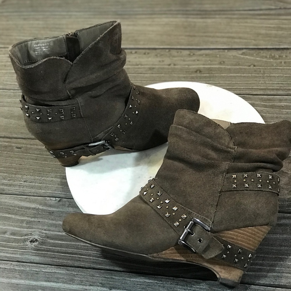 Brown Distressed Leather Slouch Wedge Boots - Picture 5 of 7